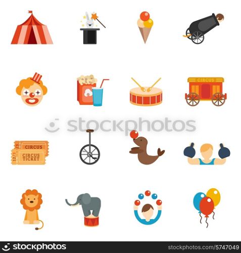 Circus performance icon flat set with tent clown rabbit in hat isolated vector illustration