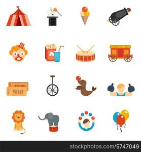 Circus performance icon flat set with tent clown rabbit in hat isolated vector illustration
