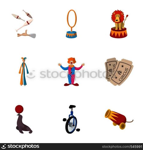 Circus performance icons set. Cartoon illustration of 9 circus performance vector icons for web. Circus performance icons set, cartoon style