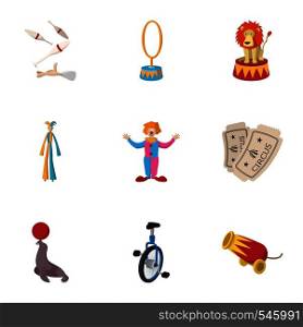 Circus performance icons set. Cartoon illustration of 9 circus performance vector icons for web. Circus performance icons set, cartoon style