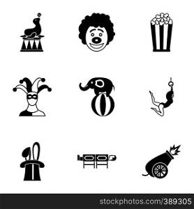 Circus performance icons set. Simple illustration of 9 circus performance vector icons for web. Circus performance icons set, simple style