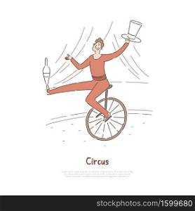 Circus performer, actor in carnival costume showing tricks, juggler, acrobat balancing, riding unicycle banner. Performance, entertainment industry concept cartoon sketch. Flat vector illustration. Circus performer, actor in carnival costume showing tricks, juggler, acrobat balancing, riding unicycle banner
