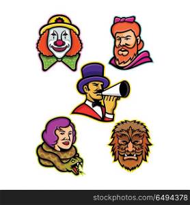 Circus Performers and Freaks Mascot Collection. Mascot icon illustration set of heads of circus performers and freaks like the bearded lady or woman, wolfman or wolfboy, snake lady or charmer, circus whiteface clown and circus ringleader or ringmaster on isolated background in retro style.. Circus Performers and Freaks Mascot Collection