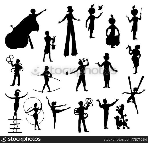 Circus performers black silhouettes, carnival top tent vector artists clown, acrobat and man cannon ball, trained dogs, juggler, magician and trapeze girl, woman with snake, balancer and tamer set. Circus performers black silhouettes vector artists