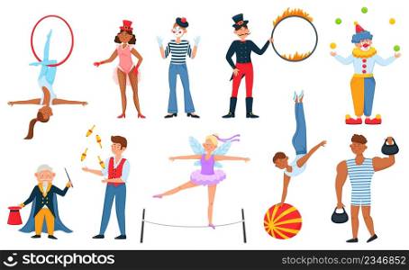 Circus performers, magician, clown, juggler, acrobat, strongman. Aerial acrobats, animal trainer with fire ring, carnival performer vector set. Characters in costumes in entertainment show. Circus performers, magician, clown, juggler, acrobat, strongman. Aerial acrobats, animal trainer with fire ring, carnival performer vector set