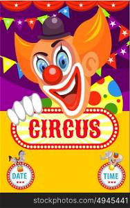 Circus poster. Happy clown invites you to the circus. Trained animals. Vector illustration.