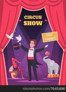 Circus program poster with amazing show symbols cartoon vector illustration. Circus Program Poster