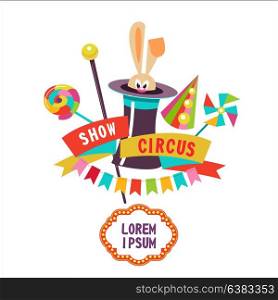 Circus. Rabbit in the hat. Vector illustration. The poster of the circus. Composition of cliparts. With place for text. Isolated on a white background.