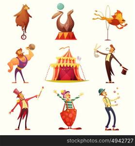 Circus Retro Icons Cartoon Set . Traveling chapiteau circus retro cartoon icons collection with tent and trained wild animals performance isolated vector illustration