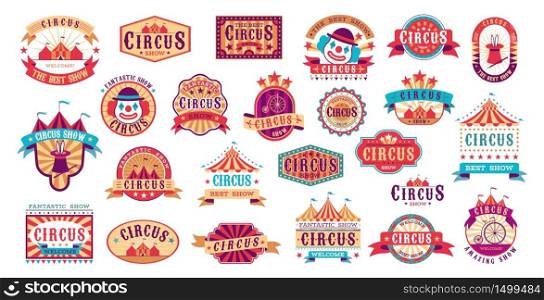 Circus retro labels. Vector carnival event stickers for invitation, vintage show framing shapes and elements. Circus retro labels. Vector carnival event stickers for invitation, vintage show framing shapes
