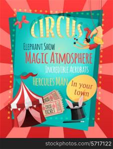 Circus retro poster with elephant show magic atmosphere incredible acrobats hercules man vector illustration