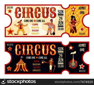 Circus retro tickets set for morning and evening performance 2 horizontal banners with clown realistic vector illustration