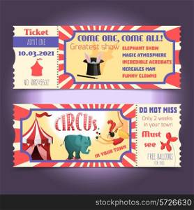 Circus retro tickets with animals acrobats magic hat isolated vector illustration