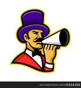 Circus Ringleader or Ringmaster Mascot. Mascot icon illustration of head of a ringmaster or ringleader, a master of ceremonies that introduces the circus acts, holding a bullhorn viewed from side on isolated background in retro style.. Circus Ringleader or Ringmaster Mascot