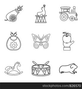 Circus school icons set. Outline set of 9 circus school vector icons for web isolated on white background. Circus school icons set, outline style