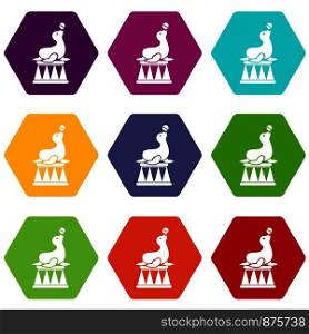 Circus seal with a ball icon set many color hexahedron isolated on white vector illustration. Circus seal with a ball icon set color hexahedron