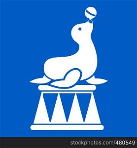 Circus seal with a ball icon white isolated on blue background vector illustration. Circus seal with a ball icon white