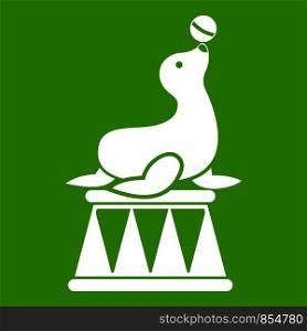 Circus seal with a ball icon white isolated on green background. Vector illustration. Circus seal with a ball icon green