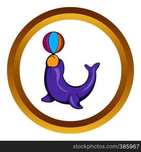 Circus seal with a ball vector icon in golden circle, cartoon style isolated on white background. Circus seal with a ball vector icon, cartoon style