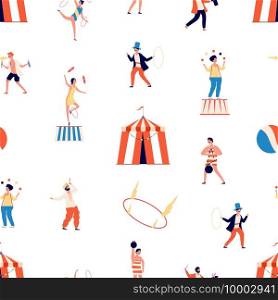 Circus seamless pattern. Freak show vector background. Clown and magician, juggler and balancer and gymnast characters. Circus carnival, clown performance, entertainment performer illustration. Circus seamless pattern. Freak show vector background. Clown and magician, juggler and balancer and gymnast characters