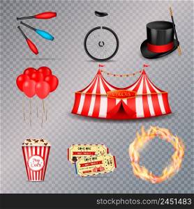 Circus set of isolated realistic 3d images with sticker style circus equipment objects on transparent background vector illustration. Circus Essential Elements Set