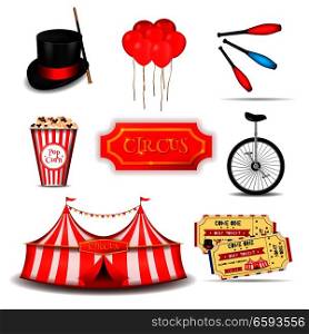 Circus set of realistic 3d icons with essential elements tickets and stripped tent images with shadows vector illustration. Travelling Circus Elements Set