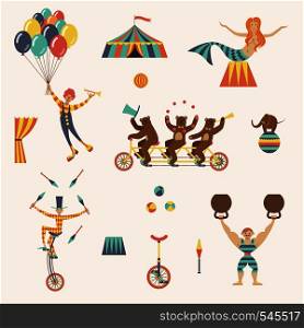 Circus set with clown, juggler, strong man, bears, mermaid and tent on a white background. Vector illustration.