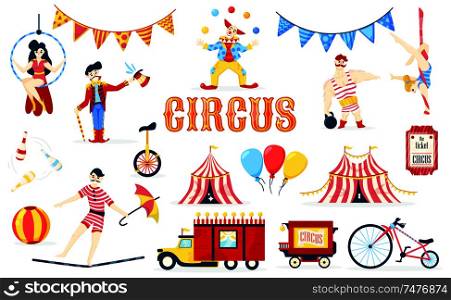 Circus set with isolated images of cartoon style performer characters tickets flags and circus big tops vector illustration