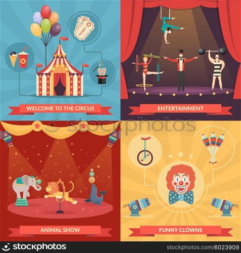 Circus Show 2x2 Design Concept . Circus show 2x2 design concept set of funny clowns entertainment and performance with trained animals strongman and acrobats flat vector illustration