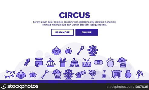 Circus Show Landing Web Page Header Banner Template Vector. Character Clown And Circus Equipments, Attraction And Elephant Illustration. Circus Show Landing Header Vector