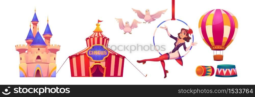 Circus stuff and artist big top tent, aerial gymnast girl sit on hoop, castle building, air balloon and white doves, amusement park decoration isolated on white background, cartoon vector illustration. Circus stuff and artist big top tent, air gymnast