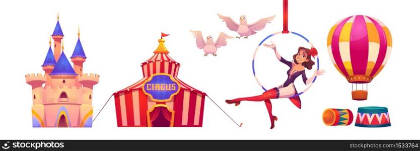 Circus stuff and artist big top tent, aerial gymnast girl sit on hoop, castle building, air balloon and white doves, amusement park decoration isolated on white background, cartoon vector illustration. Circus stuff and artist big top tent, air gymnast