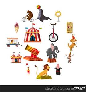 Circus symbols icons set. Cartoon illustration of 16 circus symbols vector icons for web. Circus symbols icons set, cartoon style