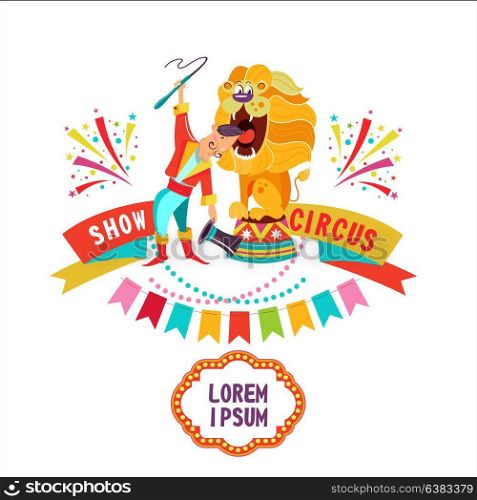 Circus. Tamer sticks his head in the lion&rsquo;s mouth. Vector illustration. The poster of the circus. Composition of cliparts. With place for text. Isolated on a white background.
