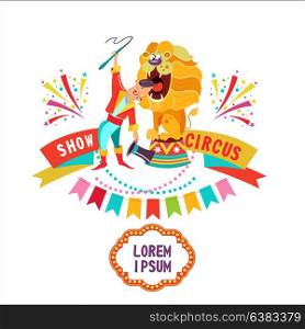 Circus. Tamer sticks his head in the lion&rsquo;s mouth. Vector illustration. The poster of the circus. Composition of cliparts. With place for text. Isolated on a white background.