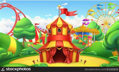 Circus tent. Amusement park. 3d vector landscape