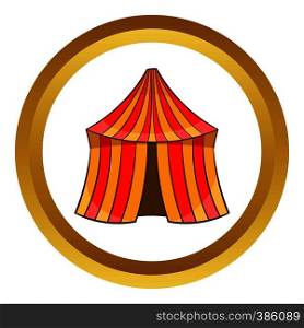 Circus tent vector icon in golden circle, cartoon style isolated on white background. Circus tent vector icon