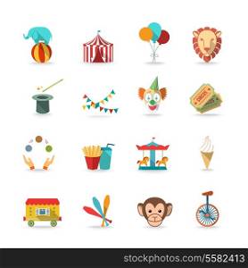 Circus tent with monkey and lion and clown magical wand triks icons set flat isolated vector illustration