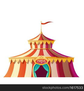 Circus tent with red and white stripes on carnival funfair, amusement park. Vector cartoon icon of cirque marquee, festival canopy with flag on top and open entrance isolated on white background. Circus tent with red and white stripes on funfair