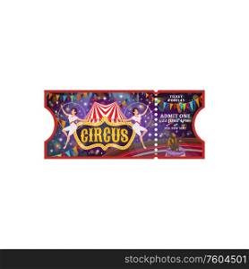 Circus ticket on air gymnastic performance isolated admit. Vector juggling monkey and tent. Circus show with acrobats and monkey juggler admit