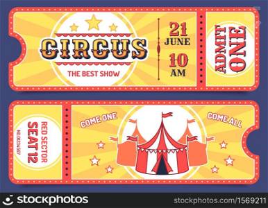 Circus tickets. Entrance ticket templates with sample text, invitation coupon for attractions, carnival events, magic show retro vector set. Admit one coupon mention, entertaining performance. Circus tickets. Entrance ticket templates with sample text, invitation coupon for attractions, carnival events, magic show retro vector set