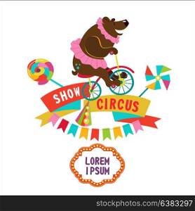 Circus. Trained bear on a Bicycle. Vector illustration. The poster of the circus. Composition of cliparts. With place for text. Isolated on a white background.