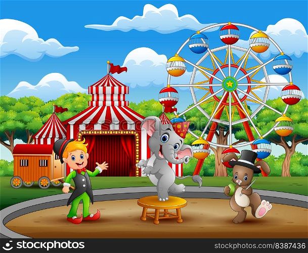 Circus trainer performance with elephant and rabbit 