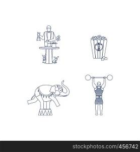 Circus vector blue line art icons with elephant and magician. Circus vector blue line art icons