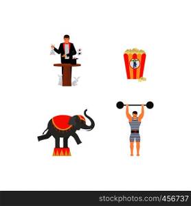 Circus vector flat colored icons set with elephant and magician. Circus vector flat colored icons set