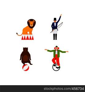 Circus vector flat icons set with lion bear snd clown. Vector illustration. Circus vector flat icons set