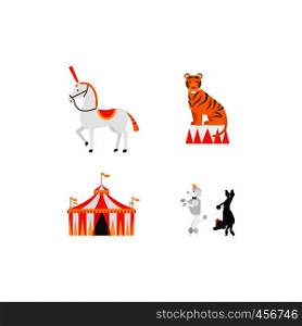 Circus vector flat icons set with tiger elephant dogs and tent. Circus flat icons set