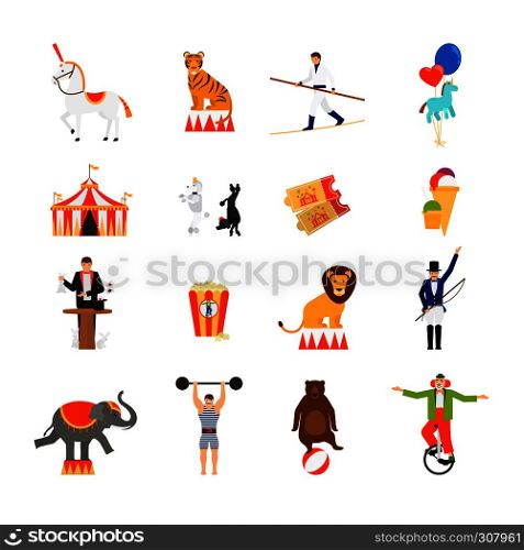 Circus vector flat icons. Striped tent and tickets, magician and clown. Circus flat icons