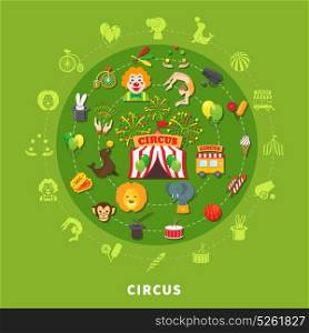 Circus vector illustration. Circus concept with entertainment symbols in circle vector illustration