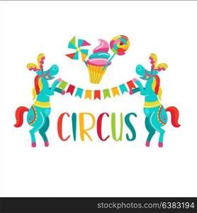 Circus. Vector illustration. Isolated on a white background. Two trained horses with feathers on their heads holding a garland of flags.